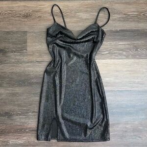 Popular 21 Black Metallic Cowl Neck Mini Dress Slit S